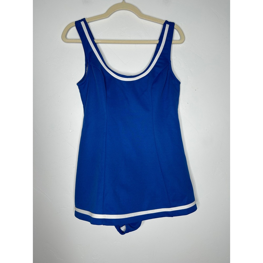 VNTG 1960's Retro Pinup Swimsuit Blue White Sears‎ Size 14 Summer Beach Vacation